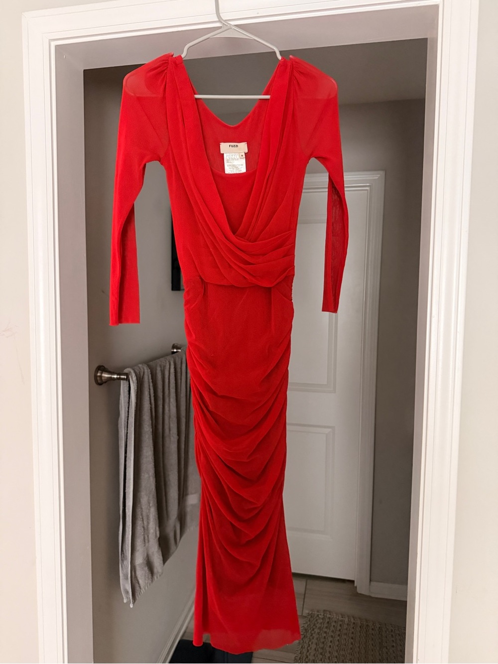 FUZZI Red Draped Long-Sleeve Evening Dress